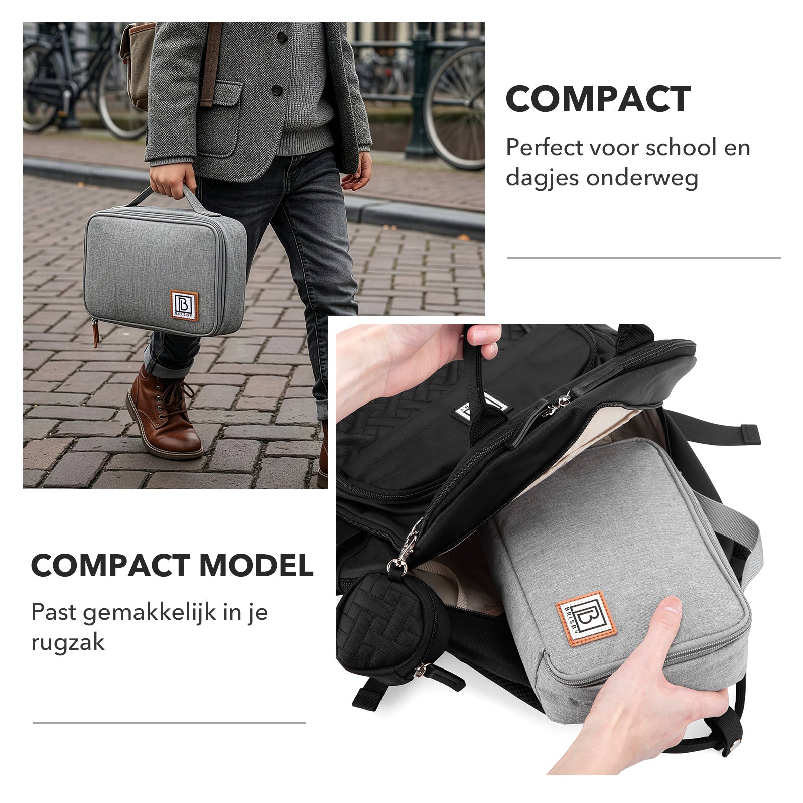 Brisby Koeltas & Lunchtas 2,5 Liter voor Kinderen - Inclusief Koelelement & Naamkaartje - Lichtgrijs