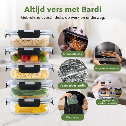 Bardi 5-delige set glazen vershoudbakjes 1060ml - oven- magnetron- en vriezerbestendig, incl. 10 wondersponsen