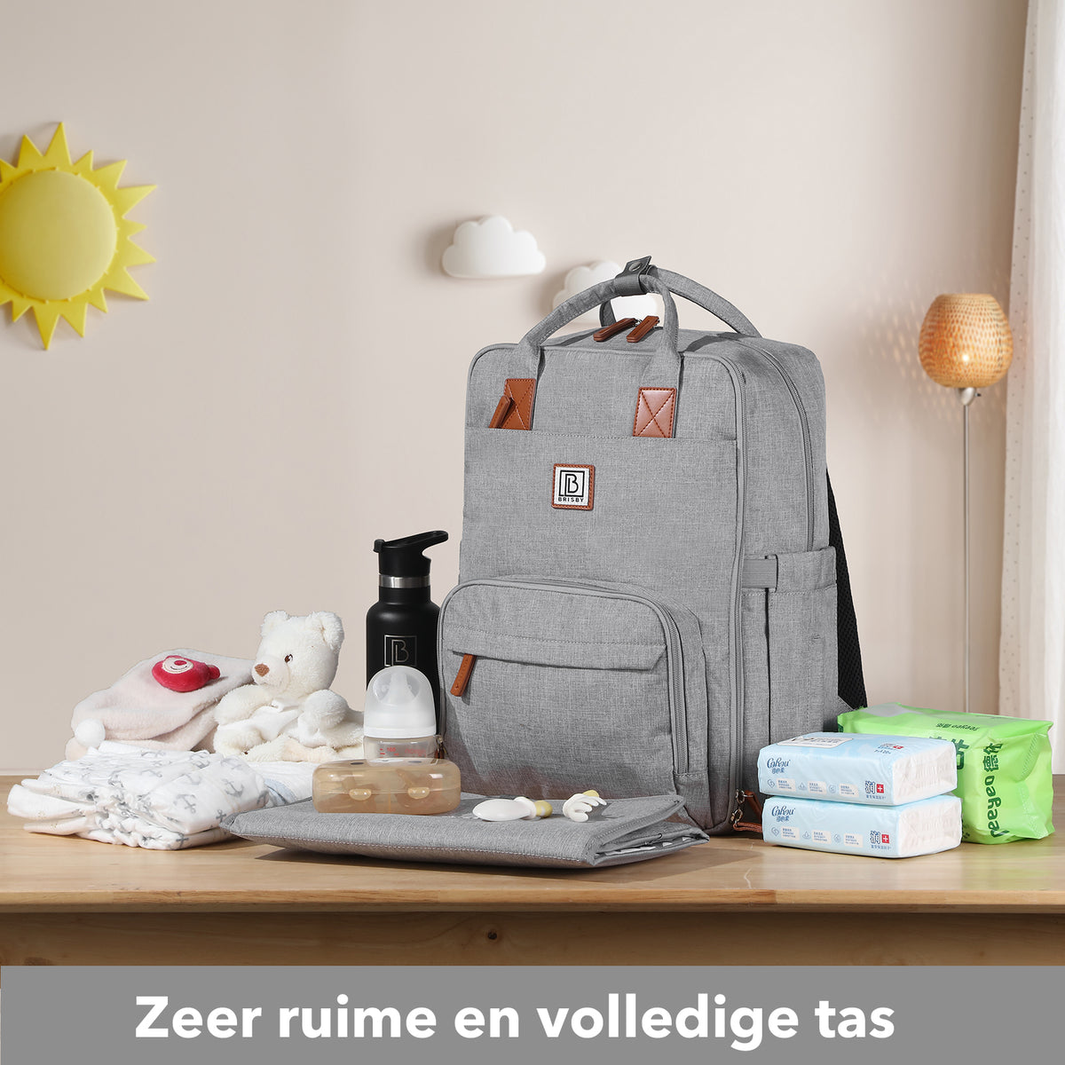 Brisby Luiertas Original - Lichtgrijs- Kinderrugzak - 1.5L kinderlunchtas Leeuw