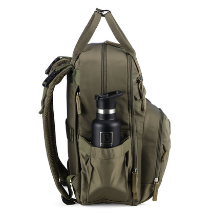 Brisby Premium Luiertas – Uitgebreide en Functionele Verzorgingstas – met buggymontage – Anti Diefstal Vakken - Reistrolley Sleeve - Inclusief verschoonmatje t.w.v.15,99 euro en speenhouder - Levenslange Garantie - Olive Green
