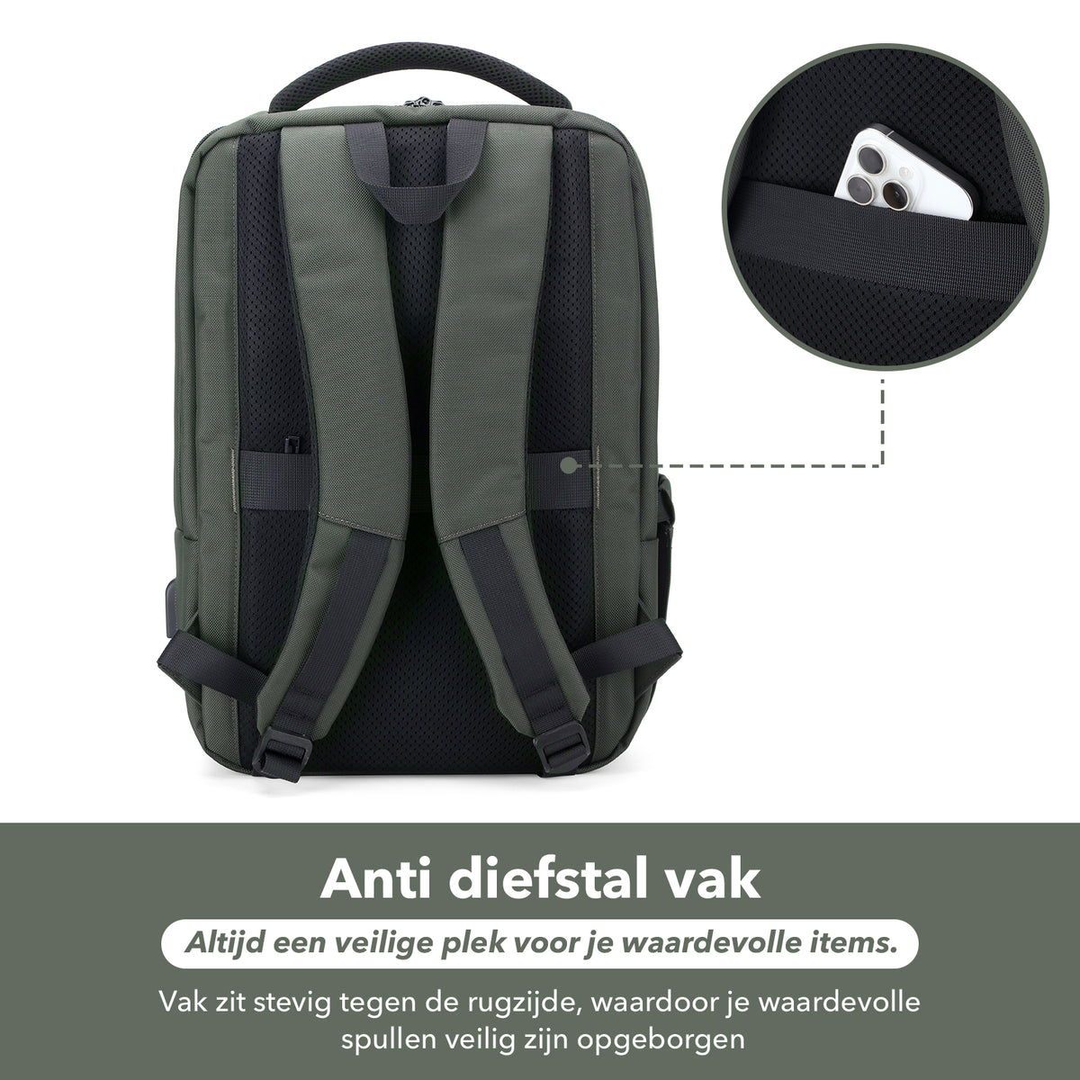 Brisby Rugzak Pro 1 – Laptoprugzak tot 15,7 inch voor Werk, School en Reizen – Waterafstotend – Met Tabletvak, Antidiefstalvak en Trolleysleeve - Groen