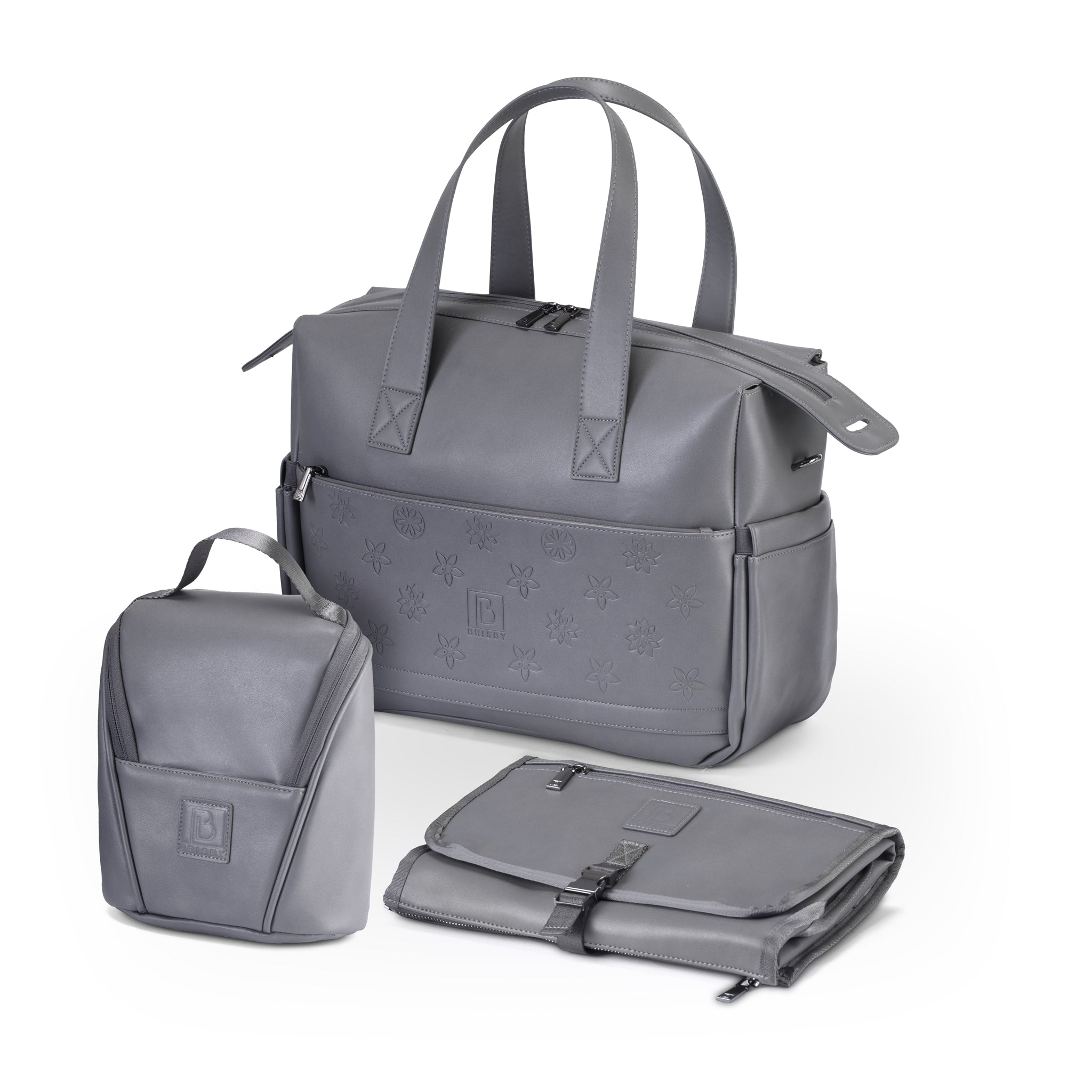 Venezia diaper bag and weekend bag set grey - PU leather - shoulder bag - wear-resistant - Incl. buggy/pram hooks, changing mat and cool bag