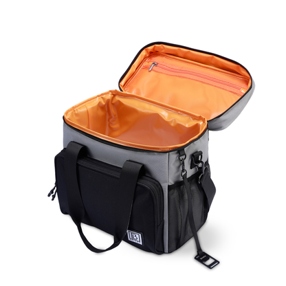 Koeltas 15L zwart grijs met oranje binnenzijde - Lunchtas - 4-laags geïsoleerd - 2 gratis koelelementen - incl. schouderriem