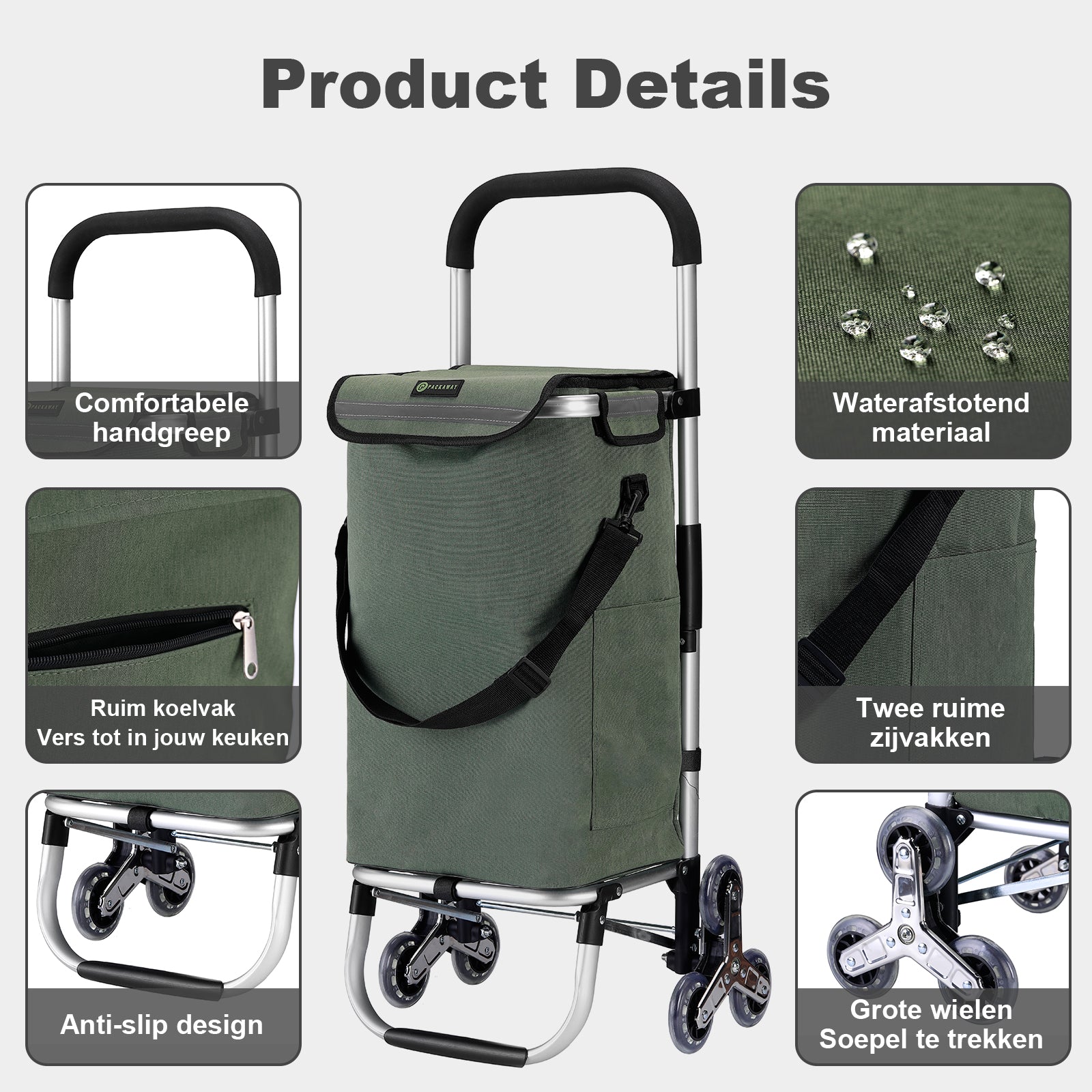 Packaway Boodschappentrolley 40L groen - incl. trapwielen - steekwagenfunctie