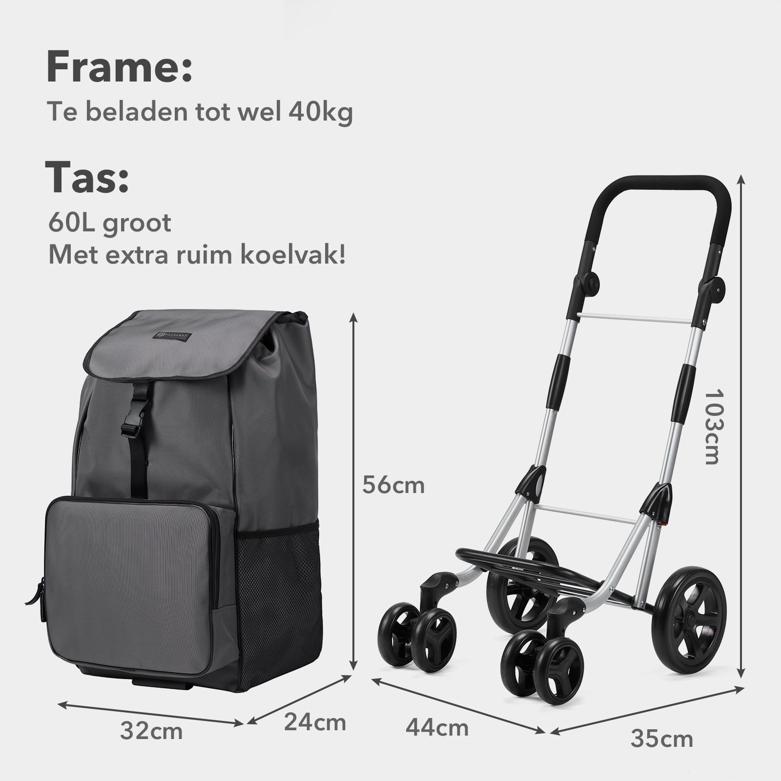 Boodschappentrolley deluxe 60L grijs - koelvak - boodschappenwagen - steekwagenfunctie - verstelbaar handvat