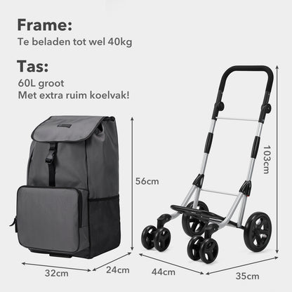Boodschappentrolley deluxe 60L grijs - koelvak - boodschappenwagen - steekwagenfunctie - verstelbaar handvat