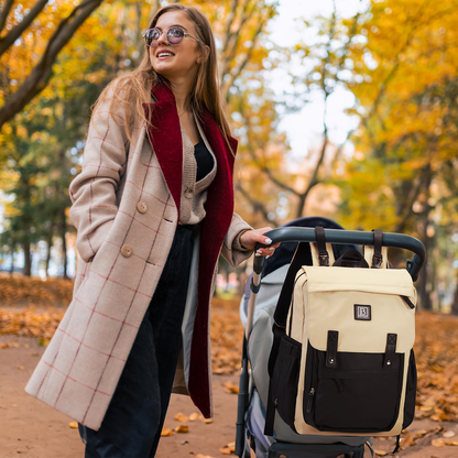 Two-tone slijtvaste luiertas crème en zwart - verzorgingstas - incl. buggymontage en verschoningsmat