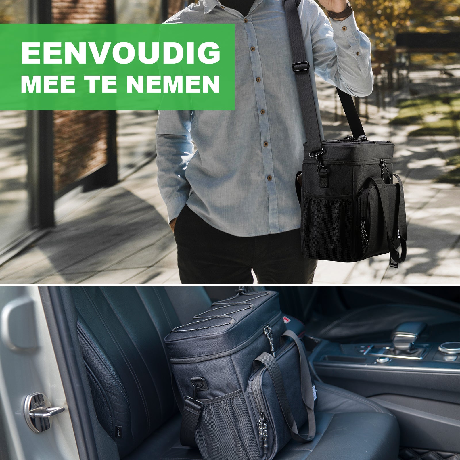 Koeltas 15L zwart - Lunchtas - 4-laags geïsoleerd - 2 gratis koelelementen - incl. schouderriem