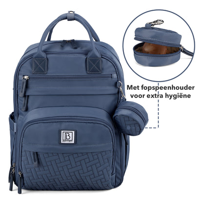 Brisby Premium Luiertas – Uitgebreide en Functionele Verzorgingstas – met buggymontage – Anti Diefstal Vakken - Reistrolley Sleeve - Inclusief verschoonmatje t.w.v.15,99 euro en speenhouder - Levenslange Garantie - Nordic Blue