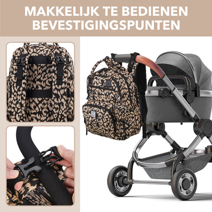 Brisby Premium Luiertas – Uitgebreide en Functionele Verzorgingstas – met buggymontage – Anti Diefstal Vakken - Reistrolley Sleeve - Inclusief verschoonmatje t.w.v.15,99 euro en speenhouder - Levenslange Garantie - Leo