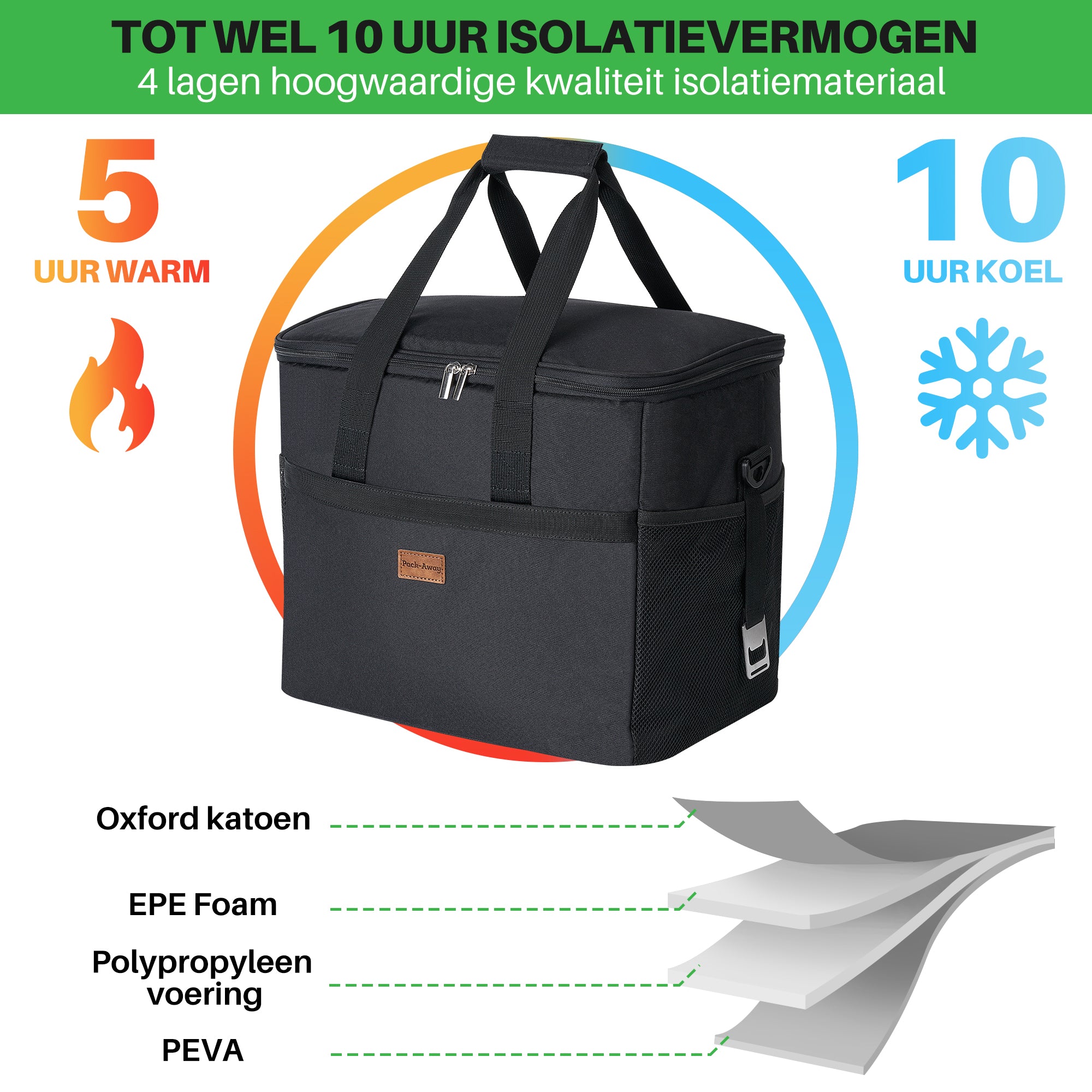 Koeltas 40L met divider zwart - lunchtas - opvouwbaar - 4-laags geïsoleerd - incl. 6 gratis koelelementen en draagband