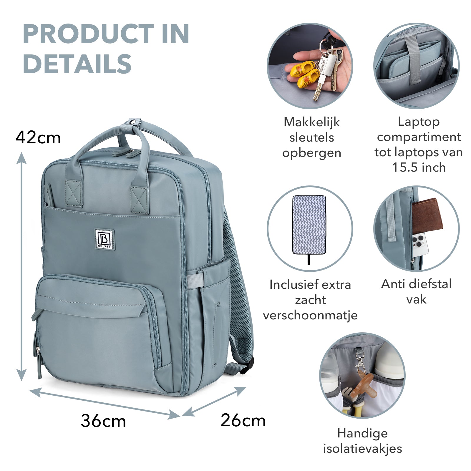 Brisby slijtvaste Luiertas – verzorgingstas – met buggymontage - Mist Blue