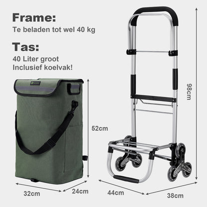 Boodschappentrolley 40L  met trapwielen groen - winkelwagen ophanging - opvouwbaar - telescopisch handvat