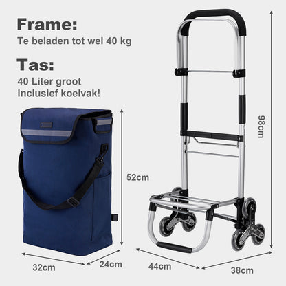 Boodschappentrolley met trapwielen 40L blauw - winkelwagen ophanging - opvouwbaar - telescopisch handvat