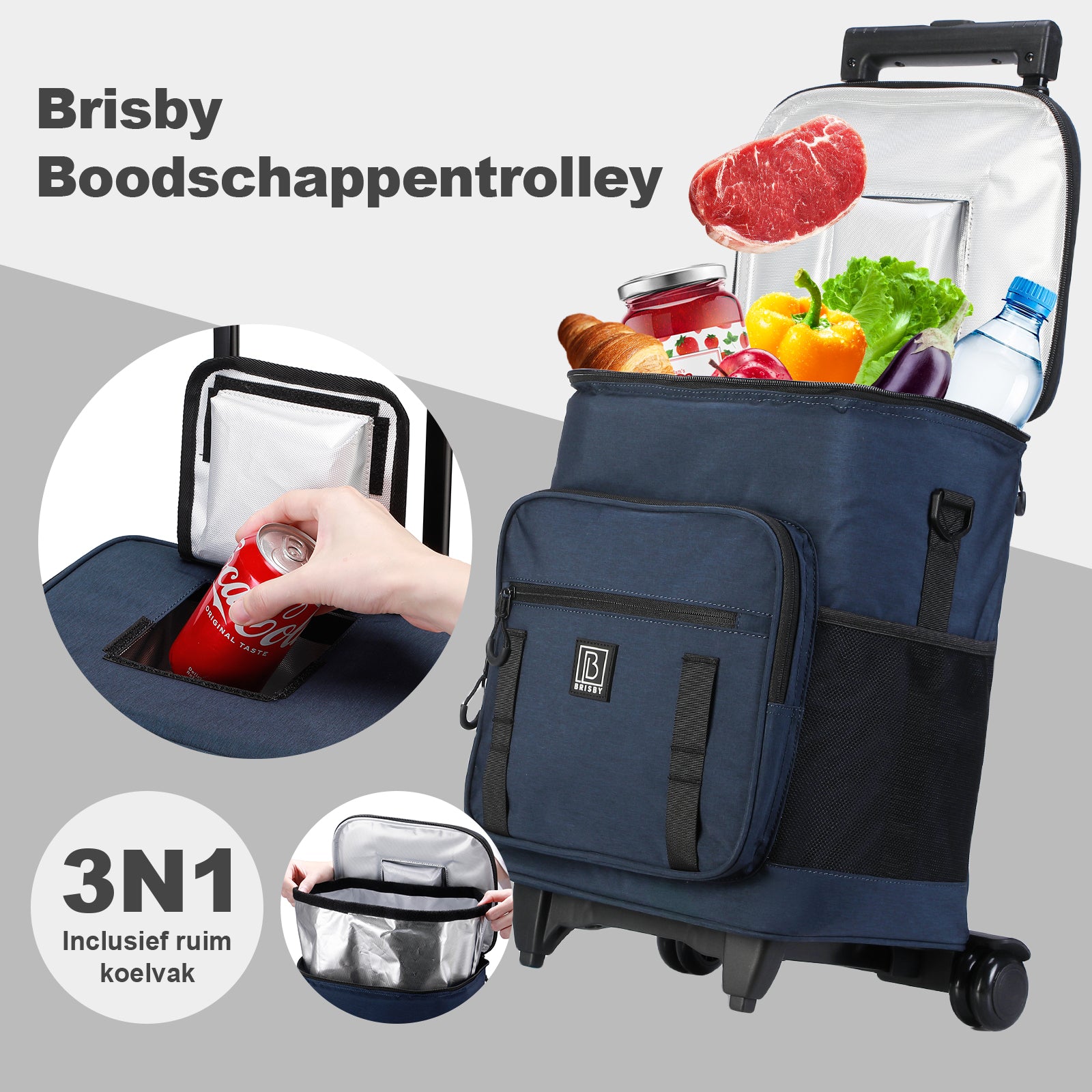 Boodschappentrolley met koelvak 32L blauw - Ideaal voor boodschappen - incl. koelelementen - waterafstotend - verstelbaar handvat