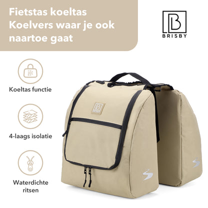 Brisby Dubbele Fietstas 28 Liter – Koeltas en Lunchtas – 4-laags Geïsoleerd – Voor Gewone en Elektrische Fiets – Waterafstotend met Waterdichte Ritsen – Natural Champagne
