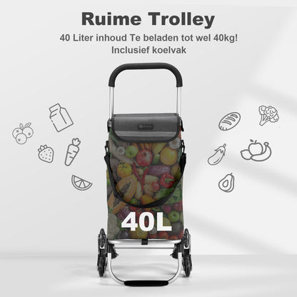 Boodschappentrolley 40L  met trapwielen grijs - winkelwagen ophanging - opvouwbaar - telescopisch handvat