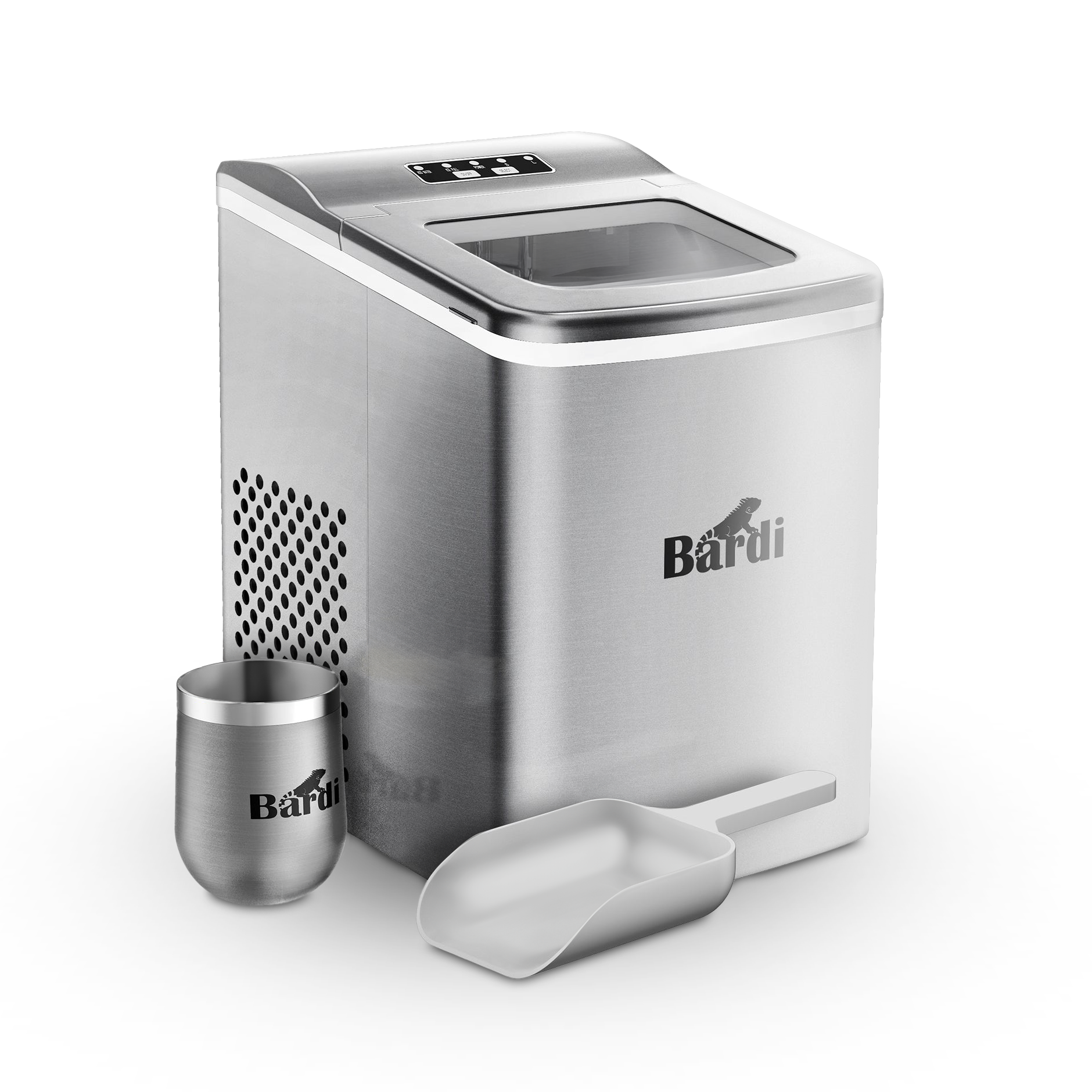 Bardi Deluxe Ice Cube Machine 2L Stainless Steel - Self-cleaning function - Ice cube maker with ice scoop - Incl. luxury thermos cup and ice scoop