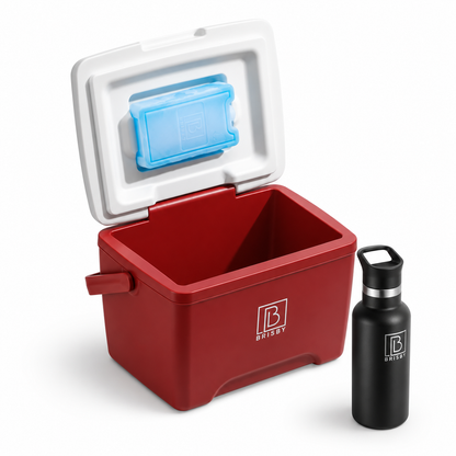 Brisby Koelbox - Frigobox - 8L - Rood - Tot maximaal 40 uur isolatie - Incl. 2 dikke koelelementen van 450ml - Met koelelementen vergrendeld in deksel en Brisby 500ml Zwarte Dubbelwandige Thermosfles