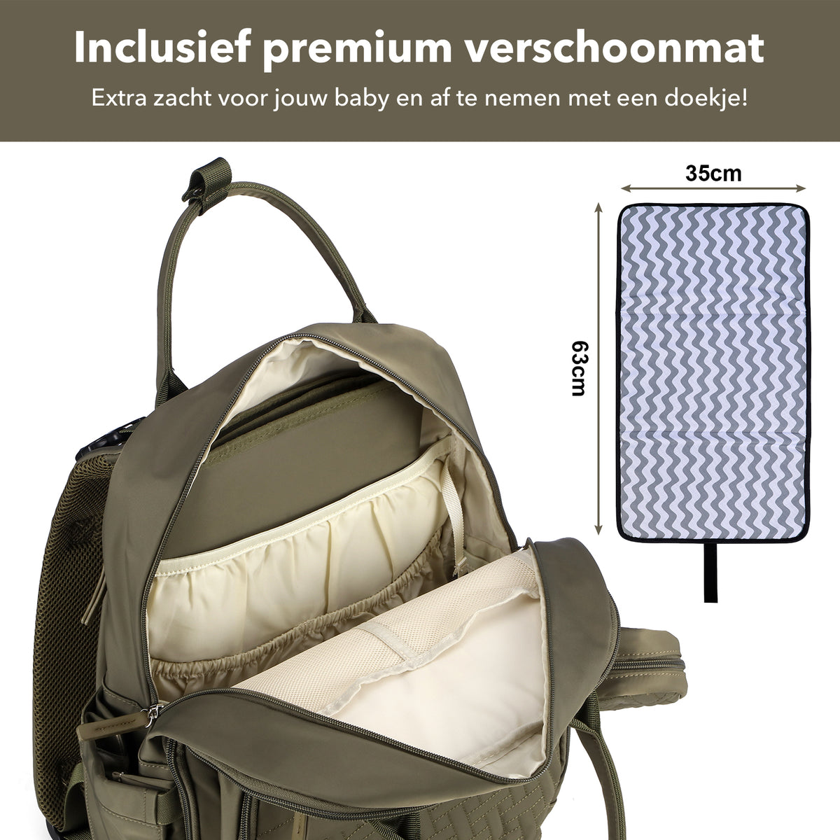 Brisby Premium Luiertas – Uitgebreide en Functionele Verzorgingstas – met buggymontage – Anti Diefstal Vakken - Reistrolley Sleeve - Inclusief verschoonmatje t.w.v.15,99 euro en speenhouder - Levenslange Garantie - Olive Green
