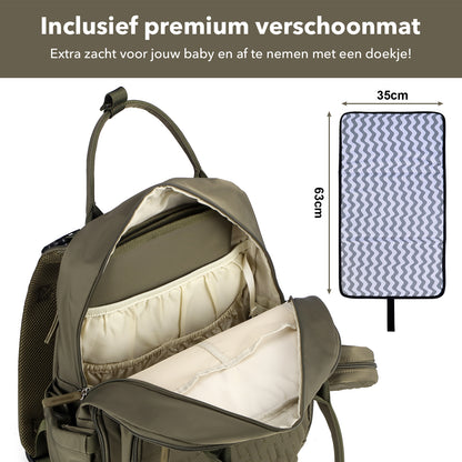 Brisby Premium Luiertas – Uitgebreide en Functionele Verzorgingstas – met buggymontage – Anti Diefstal Vakken - Reistrolley Sleeve - Inclusief verschoonmatje t.w.v.15,99 euro en speenhouder - Levenslange Garantie - Olive Green