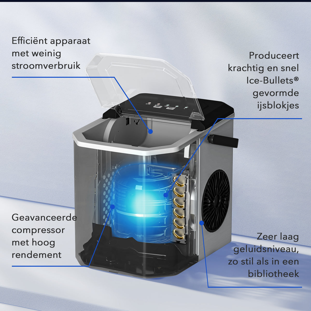 Bardi 1.3L Deluxe IJsblokjesmachine Square – IJsblokmaker Inclusief Luxe Thermosbeker en IJsschep – 9 Blokjes in 8 Minuten – GUNMETAL RVS