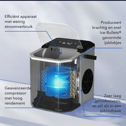 Bardi 1.3L Deluxe IJsblokjesmachine Square – IJsblokmaker Inclusief Luxe Thermosbeker en IJsschep – 9 Blokjes in 8 Minuten – GUNMETAL RVS