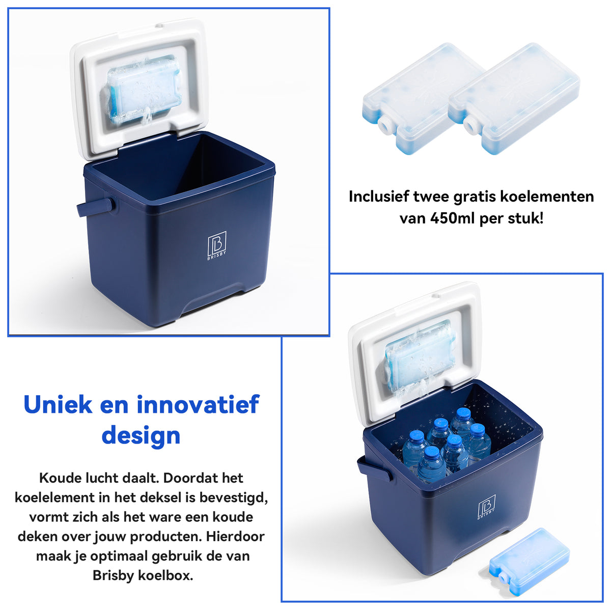 Brisby Koelbox - Frigobox - 13L- Blauw - Tot maximaal 40 uur isolatie - Incl. 2 dikke koelelementen van 450ml - Met koelelementen vergrendeld in deksel en Brisby 500ml Zwarte Dubbelwandige Thermosfles
