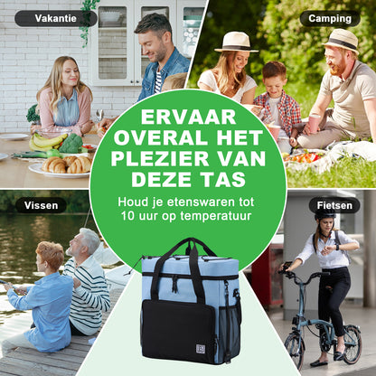 Koeltas 40L zwart/blauw - Lunchtas - 4-laags geïsoleerd - 6 gratis koelelementen - incl. schouderband