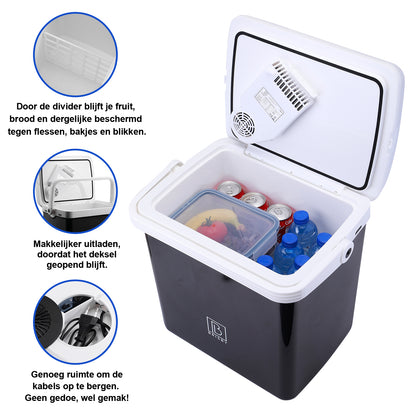 Elektrische koelbox 25L zwart - AC/DC 12V, 220/230V - incl. divider en vershoudbakjes - vergrendelbare deksel