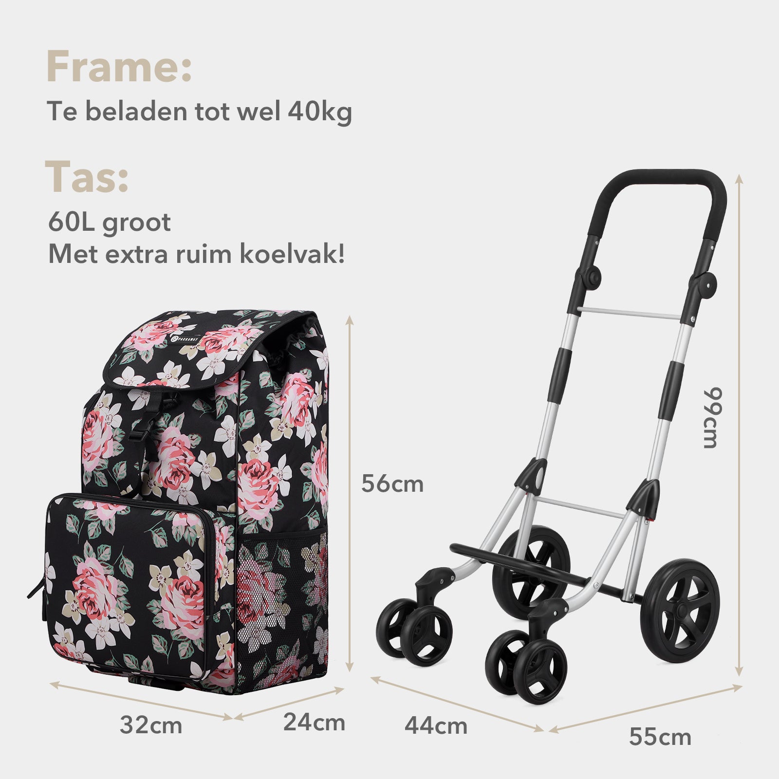 Packaway Boodschappentrolley met 4 wielen - boodschappenwagen deluxe met koelvak en verstelbaar handvat – 60 liter – Black Flower