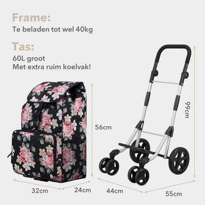 Packaway Boodschappentrolley met 4 wielen - boodschappenwagen deluxe met koelvak en verstelbaar handvat – 60 liter – Black Flower