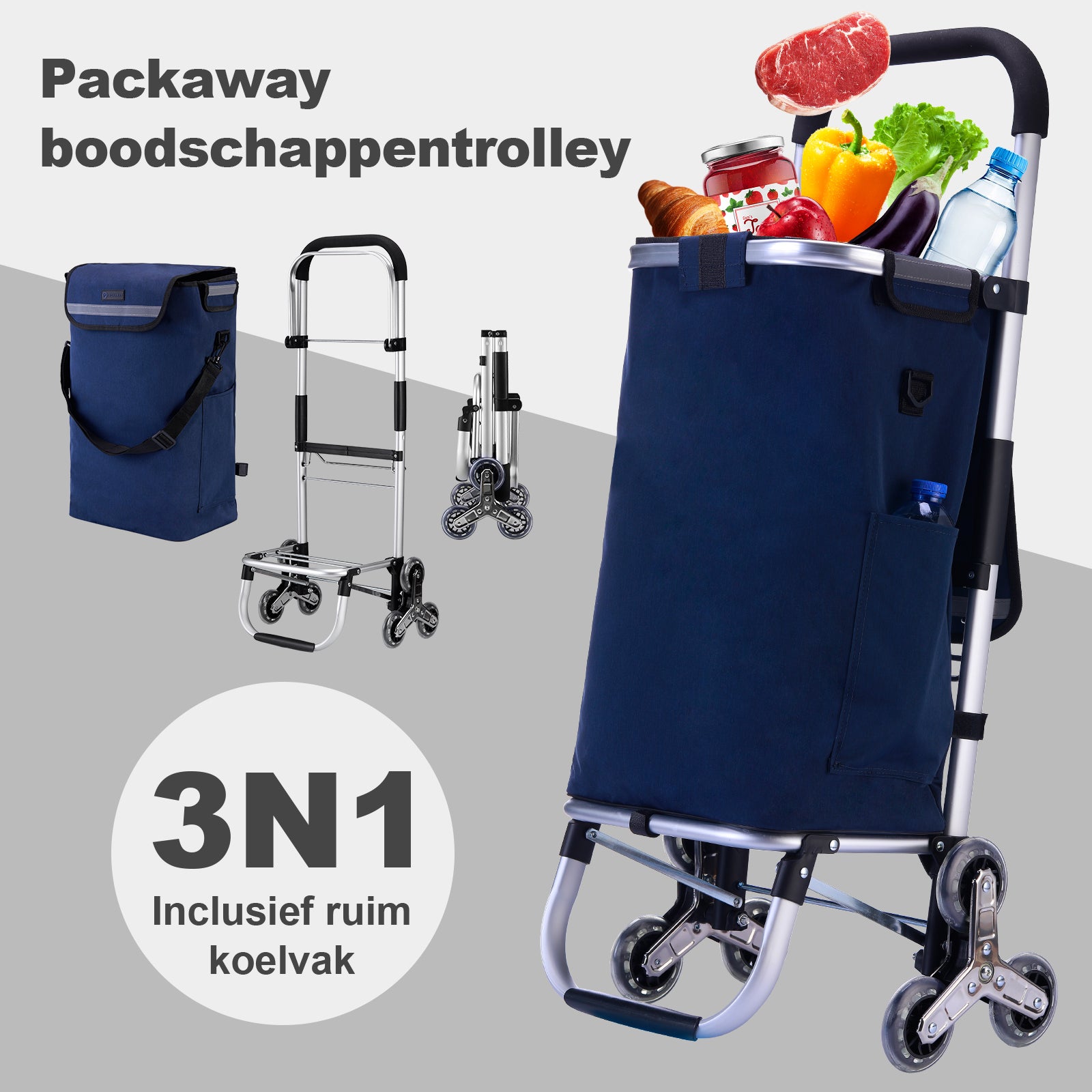 Boodschappentrolley met trapwielen 40L blauw - winkelwagen ophanging - opvouwbaar - telescopisch handvat