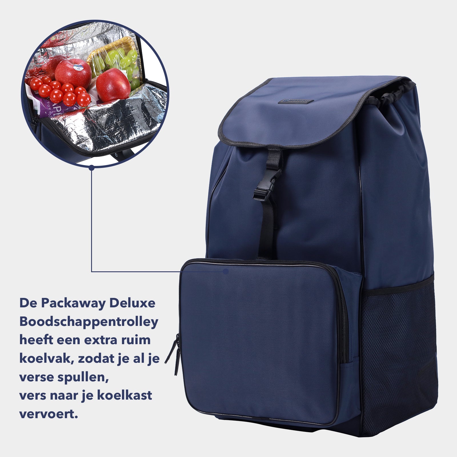 Boodschappentrolley deluxe 60L blauw  - koelvak - boodschappenwagen - steekwagenfunctie - verstelbaar handvat
