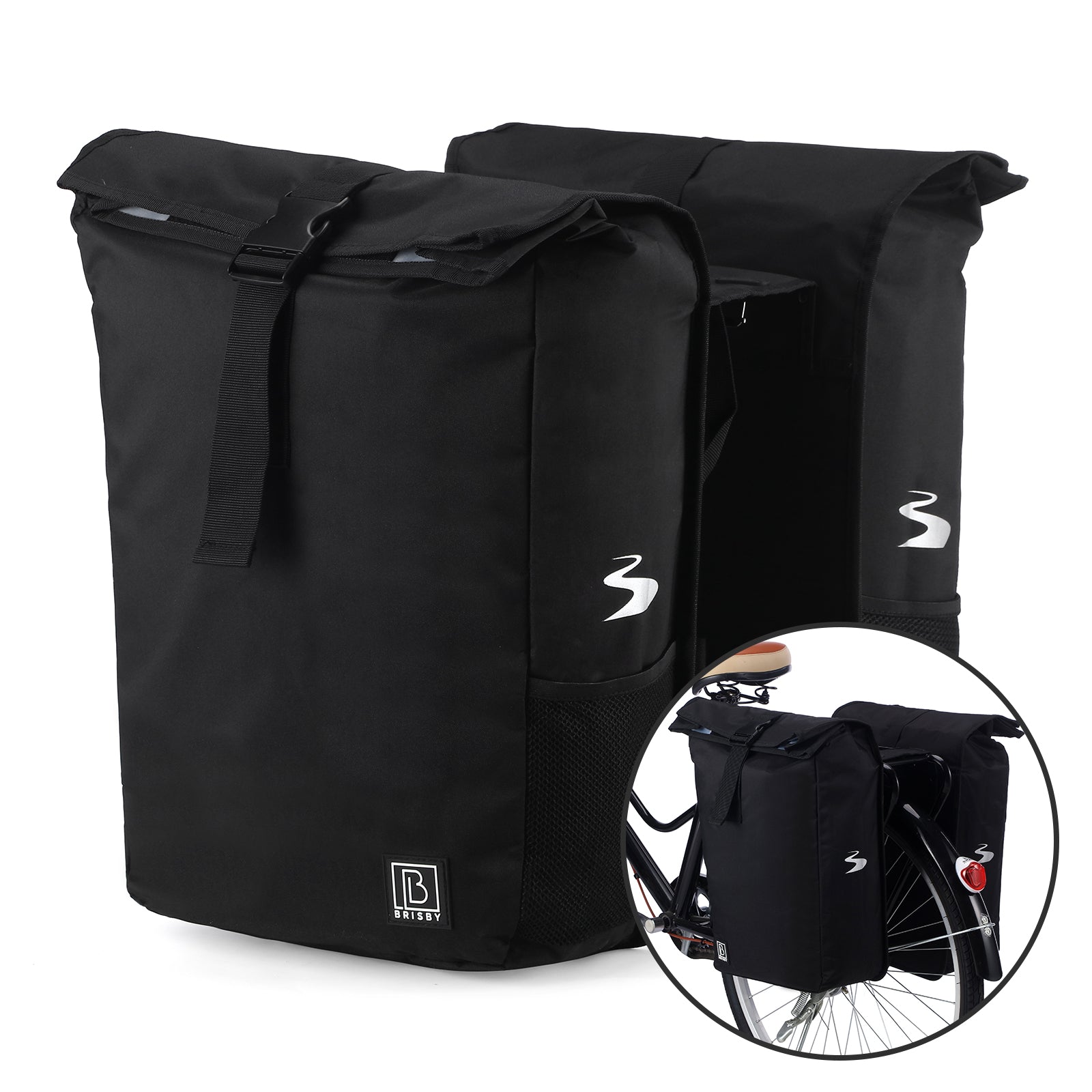 Brisby Dubbele Fietstas Rolltop Zwart 39-48L Waterdicht Geschikt voor Elektrische Fietsen & E-Bike - Zwart