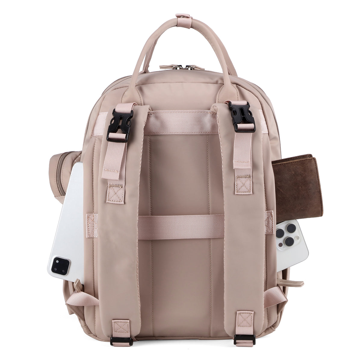 Brisby Premium Luiertas – Uitgebreide en Functionele Verzorgingstas – met buggymontage – Anti Diefstal Vakken - Reistrolley Sleeve - Inclusief verschoonmatje t.w.v.15,99 euro en speenhouder - Levenslange Garantie - Muted Rosé