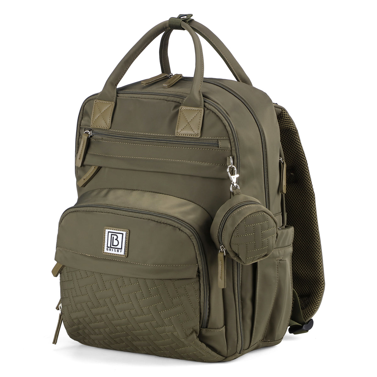 Brisby Premium Luiertas – Uitgebreide en Functionele Verzorgingstas – met buggymontage – Anti Diefstal Vakken - Reistrolley Sleeve - Inclusief verschoonmatje t.w.v.15,99 euro en speenhouder - Levenslange Garantie - Olive Green