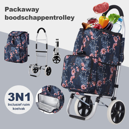 Packaway Boodschappentrolley 45L met Koelvak - Boodschappenwagen met Grote Wielen - Steekwagenfunctie - Waterafstotend - Japanese Flower