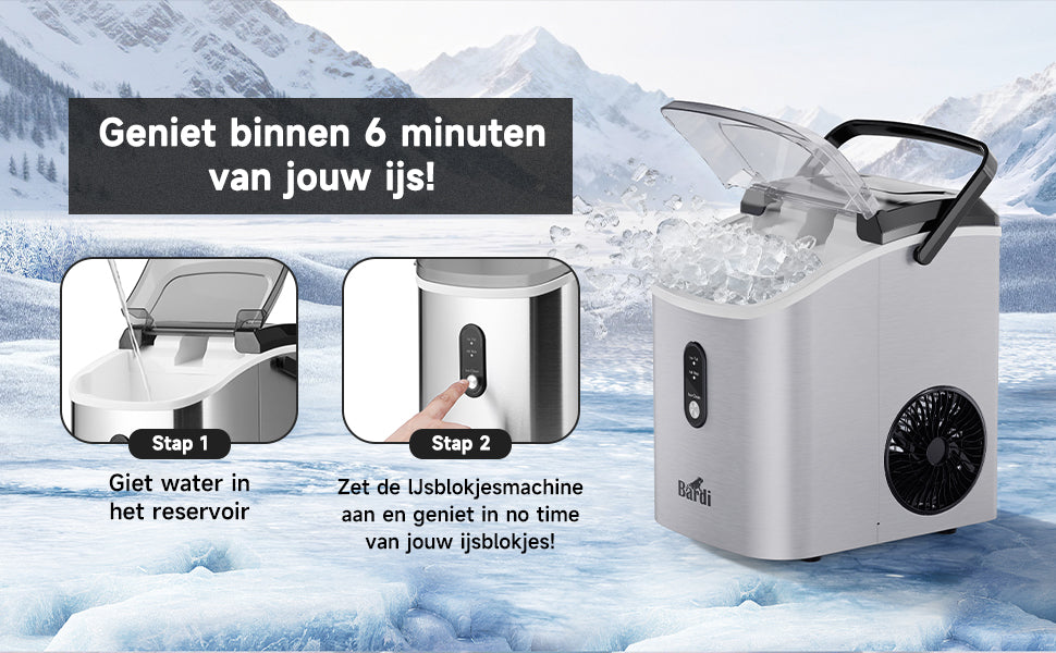 Bardi 1.1L - Nugget IJsblokjesmachine Rond - Crushed Ice Maker met IJsschep - 15kg/24 uur - Ijsblokjesmaker - Met Luxe Thermosbeker - RVS - Citruspers RVS