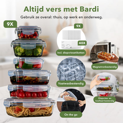 Bardi Glazen Vershoudbakjes 9-delig – Meal Prep Bakjes – Luchtdicht & Lekvrij – Oven, Magnetron & Vriezer – 9 Wondersponzen + 40 Prep & Store Labels