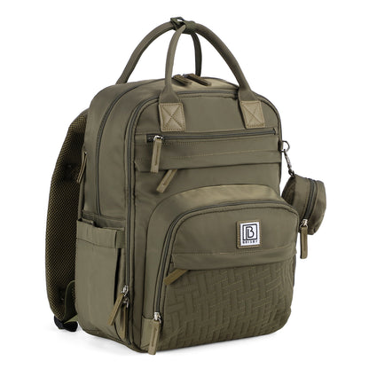 Brisby Premium Luiertas – Uitgebreide en Functionele Verzorgingstas – met buggymontage – Anti Diefstal Vakken - Reistrolley Sleeve - Inclusief verschoonmatje t.w.v.15,99 euro en speenhouder - Levenslange Garantie - Olive Green