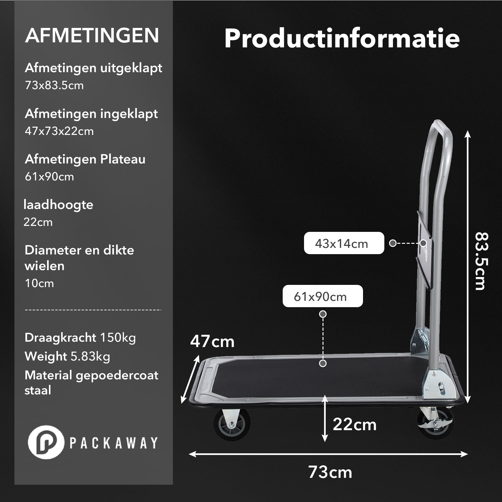 Packaway Professionele Opvouwbare Transportwagen 150 kg – Transportkar met Rem – Antislip Laadplatform – 4 Wielen