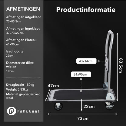 Packaway Professionele Opvouwbare Transportwagen 150 kg – Transportkar met Rem – Antislip Laadplatform – 4 Wielen