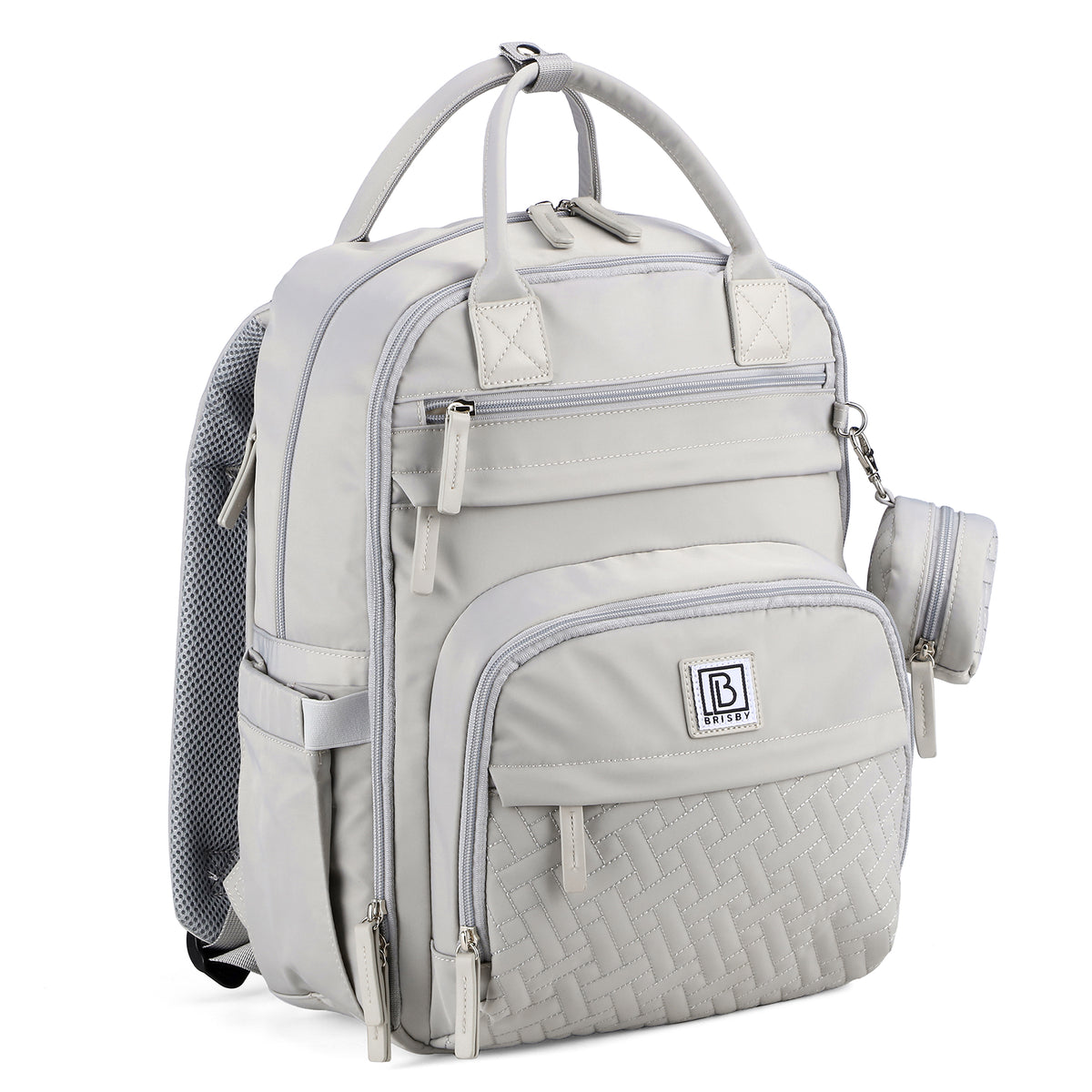 Brisby Premium Luiertas – Uitgebreide en Functionele Verzorgingstas – met buggymontage – Anti Diefstal Vakken - Reistrolley Sleeve - Inclusief verschoonmatje t.w.v.15,99 euro en speenhouder - Levenslange Garantie -Modern Grey