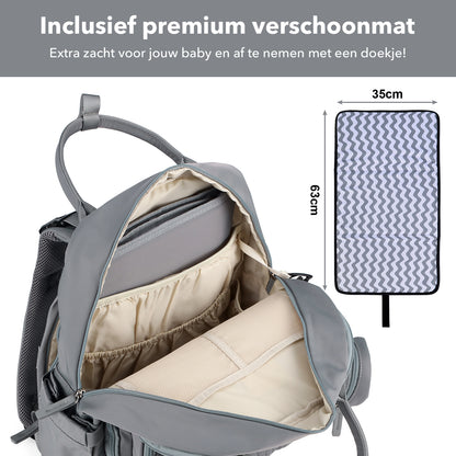 Brisby Premium Luiertas – Uitgebreide en Functionele Verzorgingstas – met buggymontage – Anti Diefstal Vakken - Reistrolley Sleeve - Inclusief verschoonmatje t.w.v.15,99 euro en speenhouder - Levenslange Garantie - Misty Grey