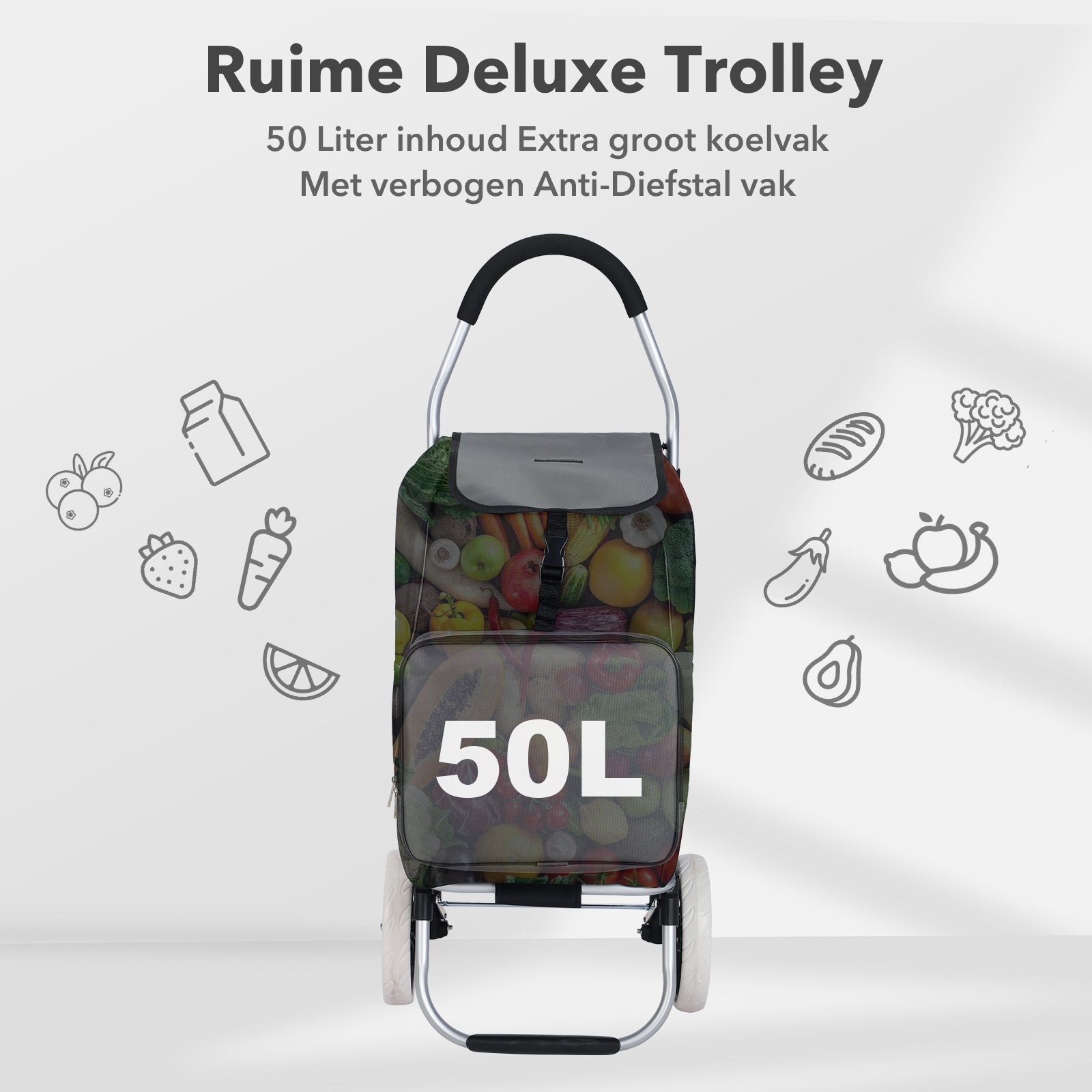 Boodschappentrolley Deluxe 50L met koelvak zwart-grijs - boodschappenwagen - steekwagenfunctie