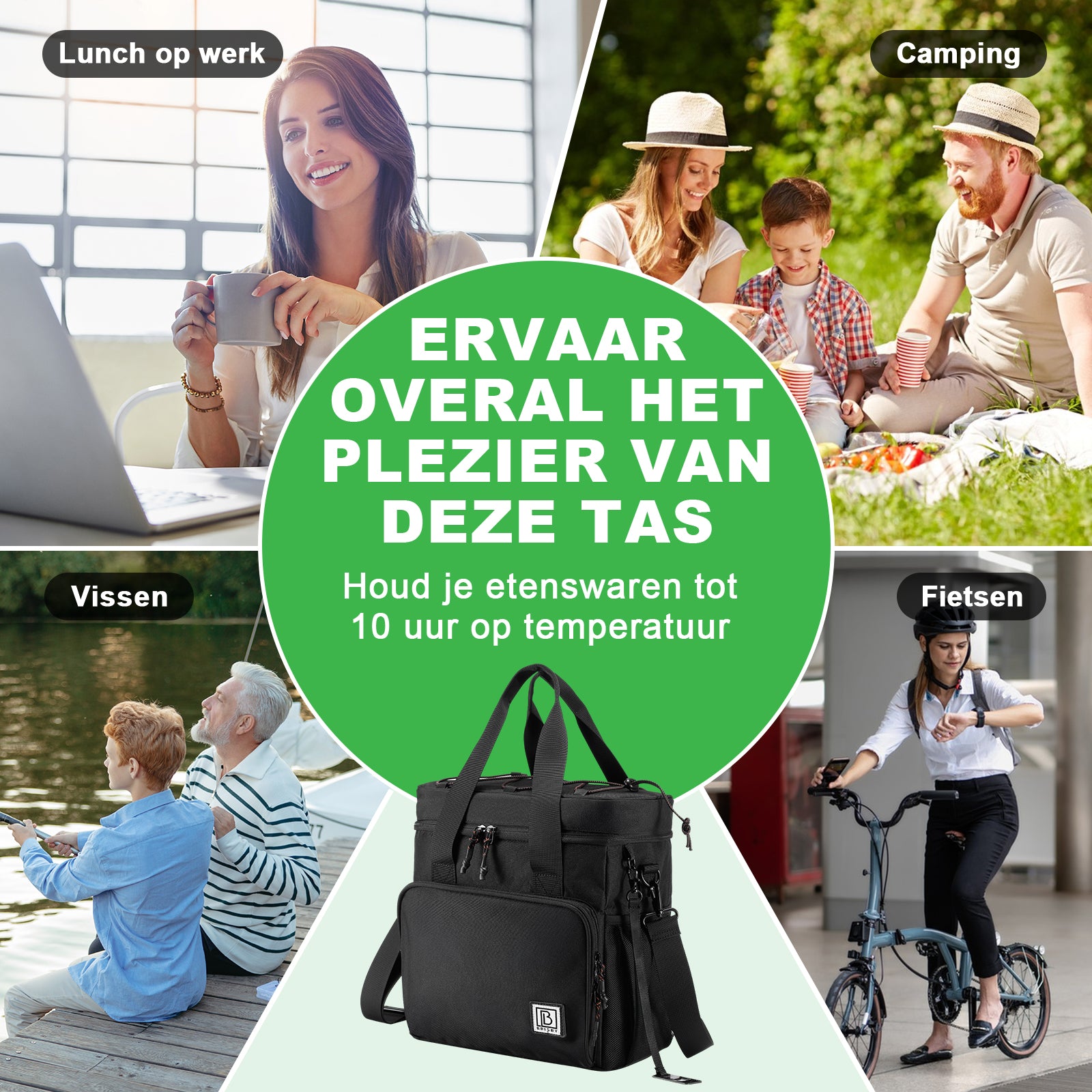 Koeltas 15L zwart met oranje binnenzijde - Lunchtas - 4-laags geïsoleerd - 2 gratis koelelementen - incl. schouderriem