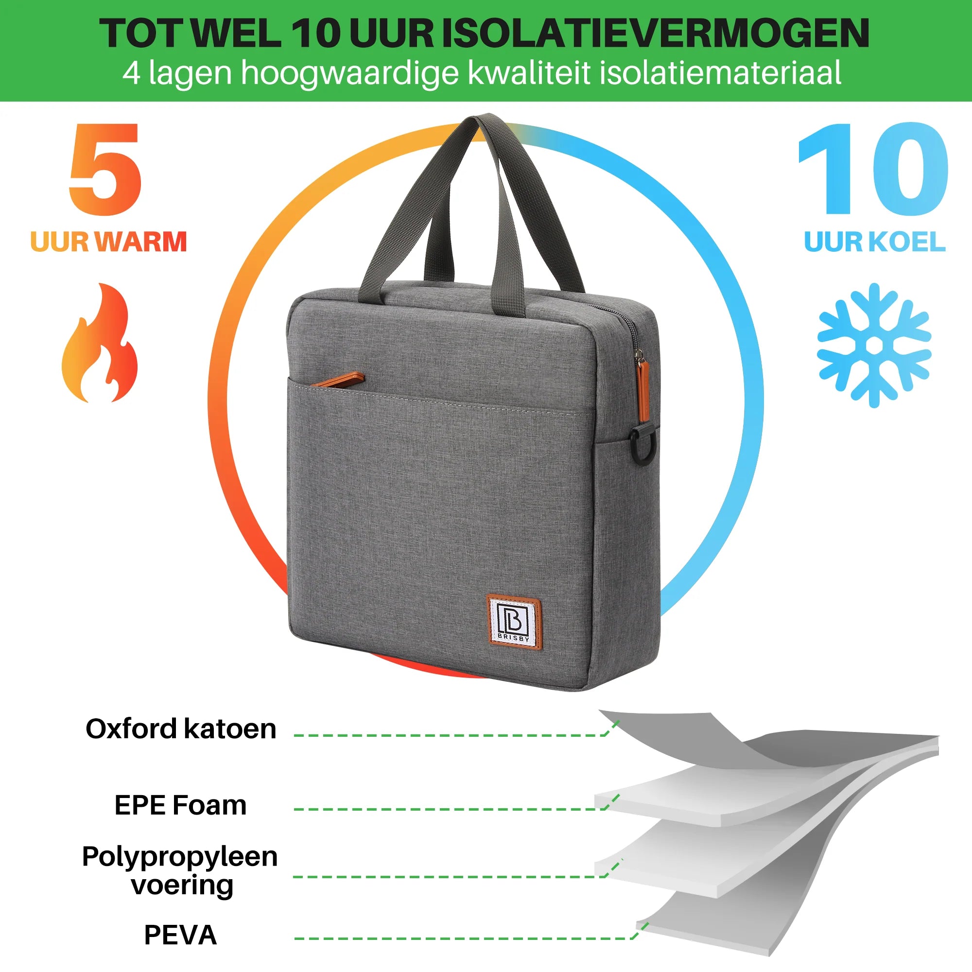 Koeltas 7L donkergrijs - Lunchtas - 4-laags geïsoleerd - 2 gratis koelelementen - incl. schouderband