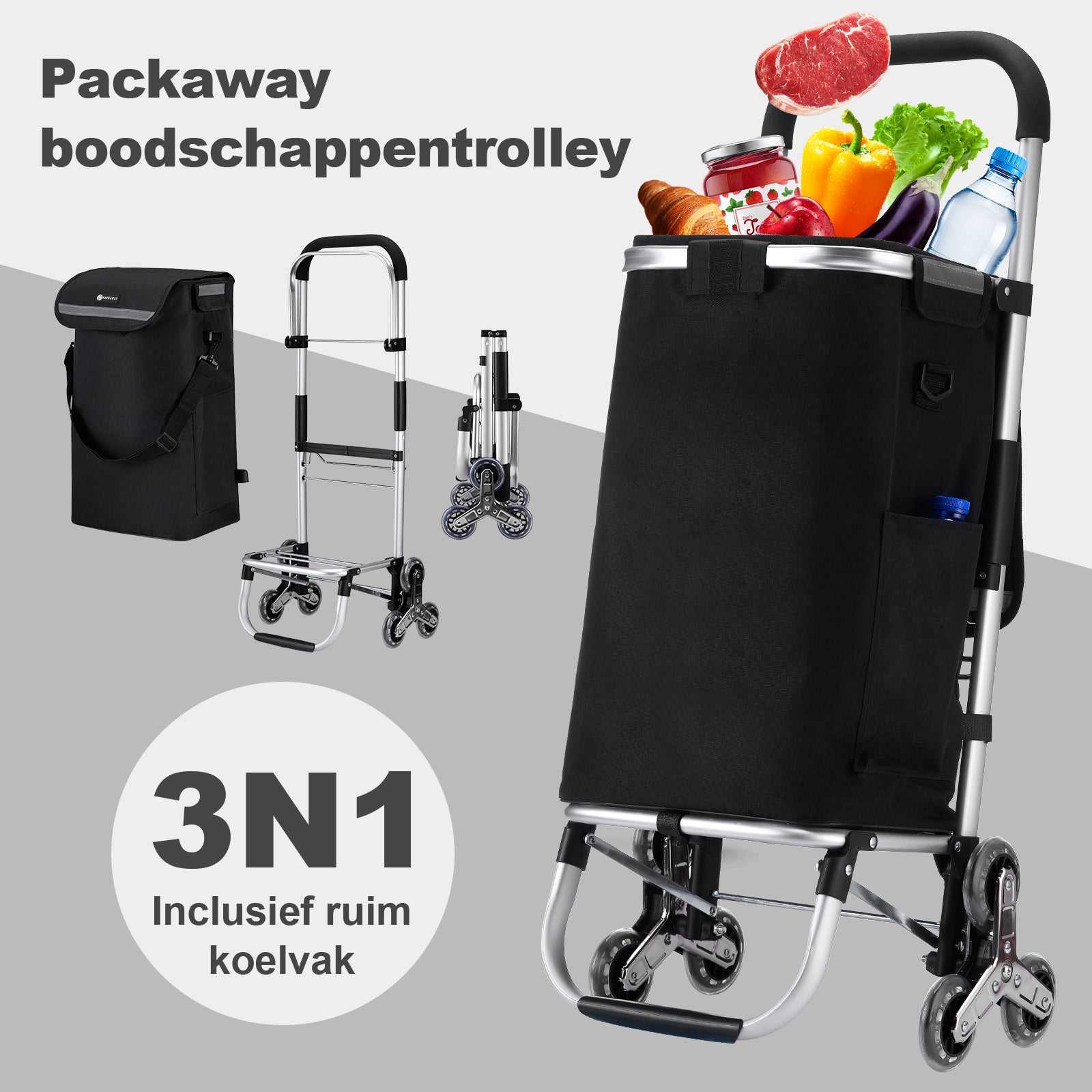 Packaway Boodschappentrolley 40L zwart - incl. trapwielen - steekwagenfunctie