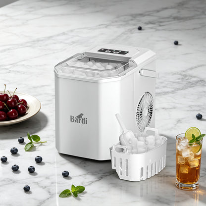 Bardi 1.3L Deluxe IJsblokjesmachine Square – IJsblokmaker Inclusief Luxe Thermosbeker en IJsschep – 9 Blokjes in 8 Minuten – WIT